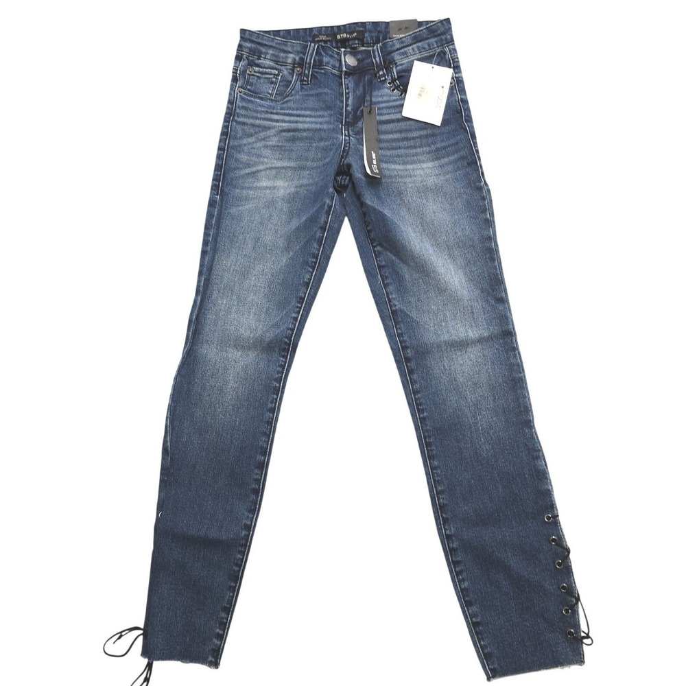 STS Blue Emma Ankle Skinny Jeans Medium Wash Lace Up Grommet Raw Hem 24